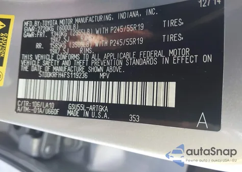 2015 Toyota Highlander Limited Platinum V6 из США, поврежденный, VIN 5TDDKRFH4FS119236